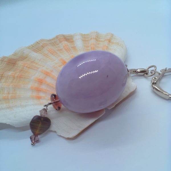 Mottled Purple Puffed Oval Ceramic Key Ring with Saucer Bead and Flower Charm