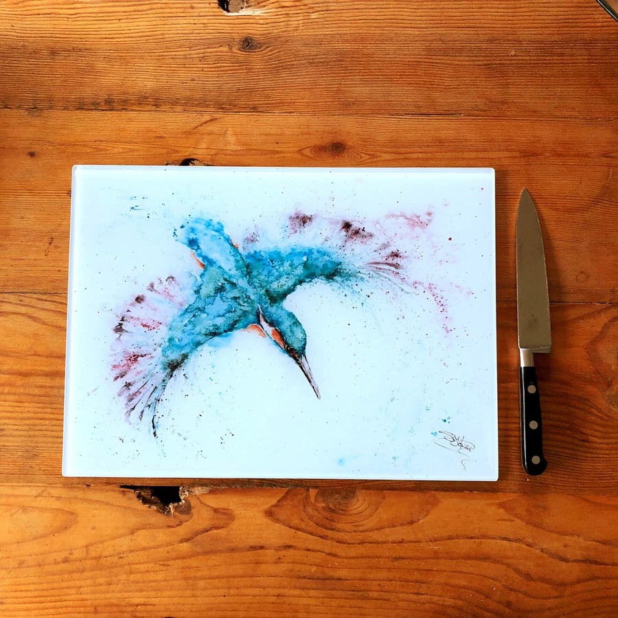Kingfisher Glass Chopping Board, Kitchen Worktop Saver, Table Mat, Cutting Mat. 