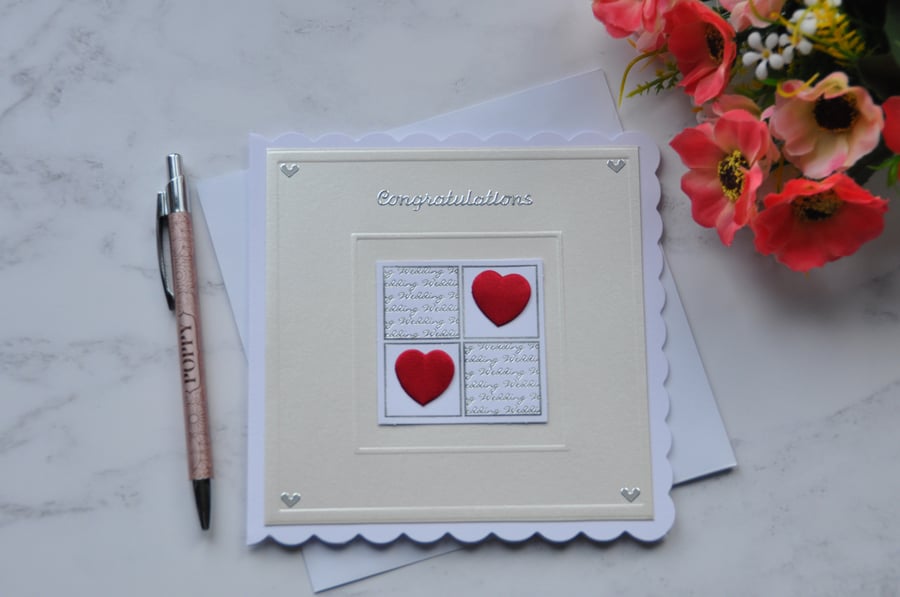 Wedding Card Congratulations Red Love Hearts Free Post 3D Luxury Handmade