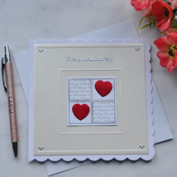 Wedding Card Congratulations Red Love Hearts Free Post 3D Luxury Handmade