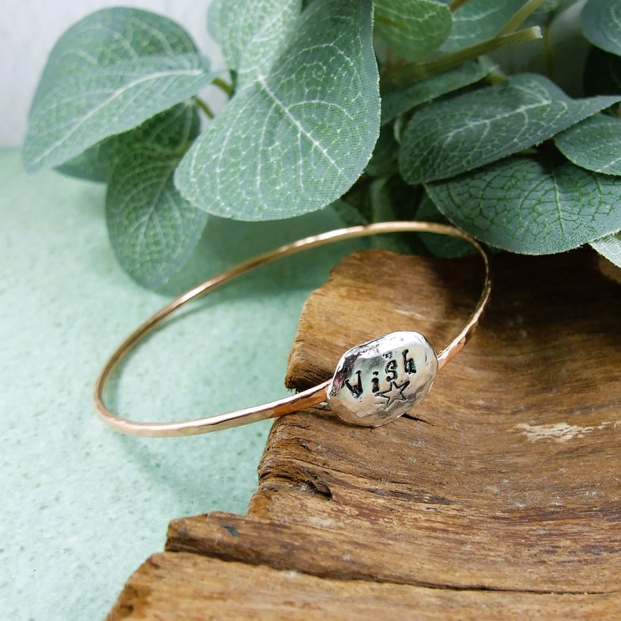 Copper Bangle with Sterling Silver Nugget. Stamped Wish 
