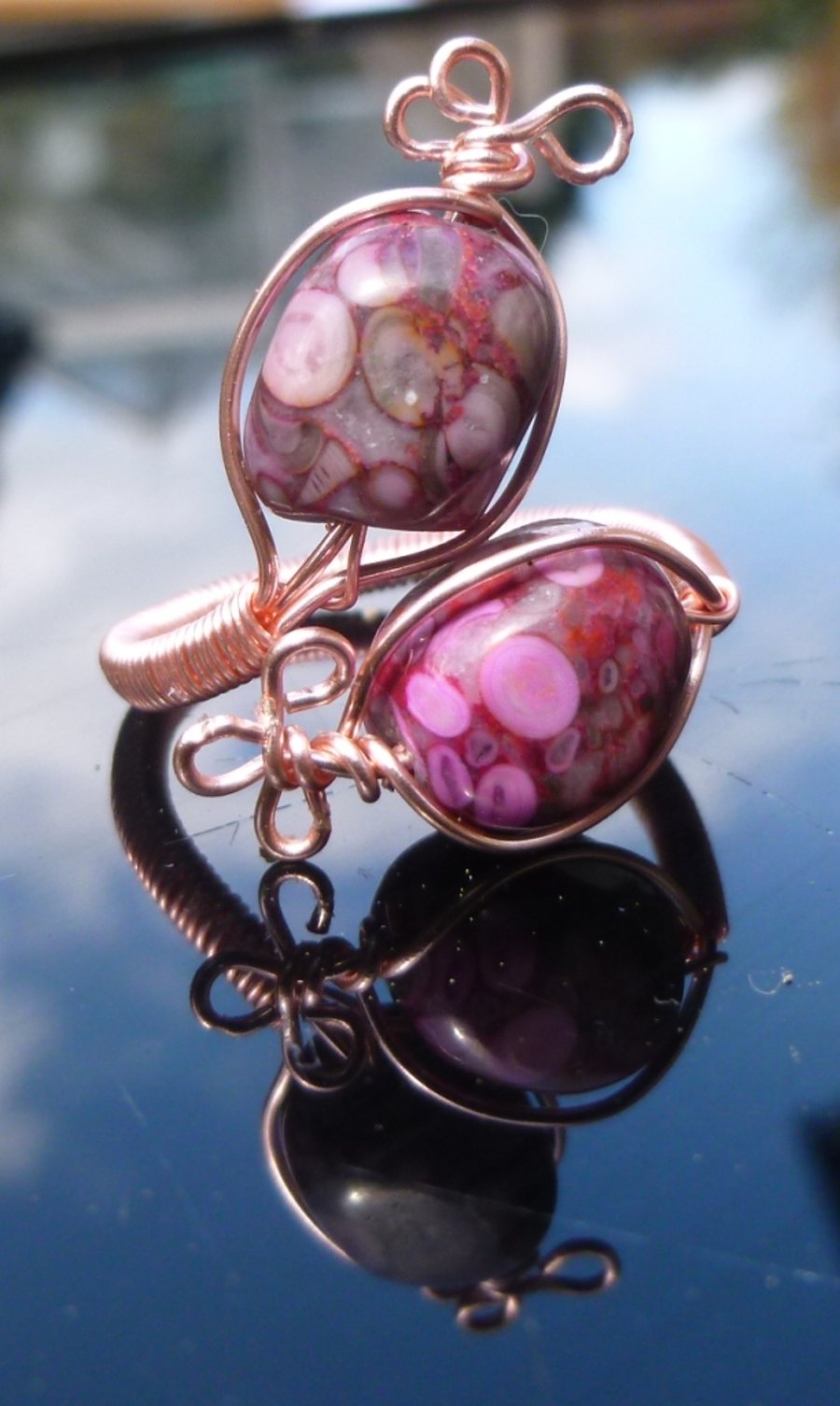 Ocean Fossil Jasper Adjustable Wire Wrapped Rose Gold Coloured Copper Ring R162