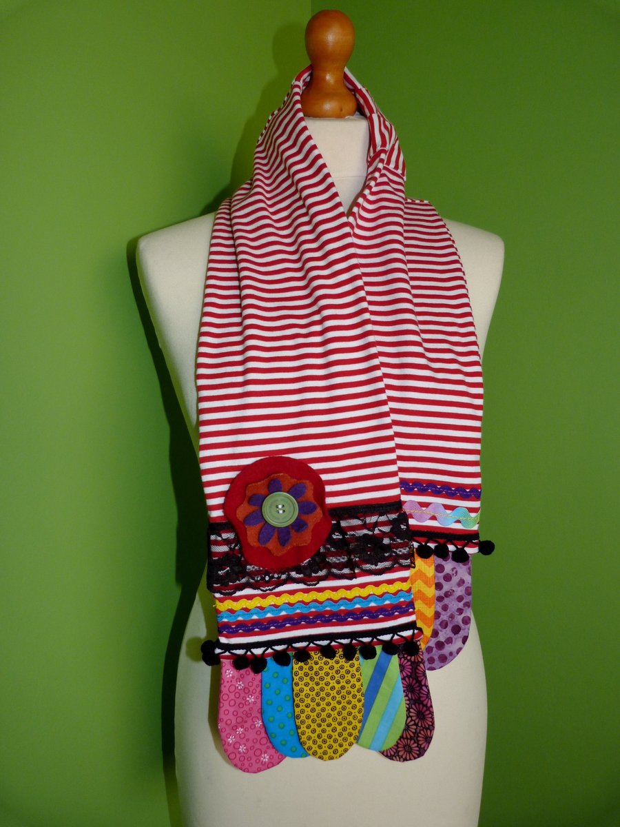  Upcycled Cotton Jersey Striped Scarf with Colourful Embellishments. Red Stripe