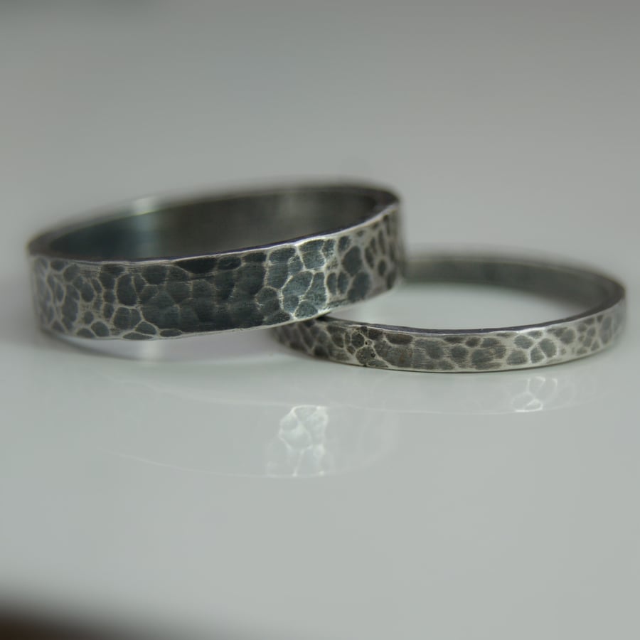Set of 2 oxidised silver rings, Matching wedding bands, Couple rings