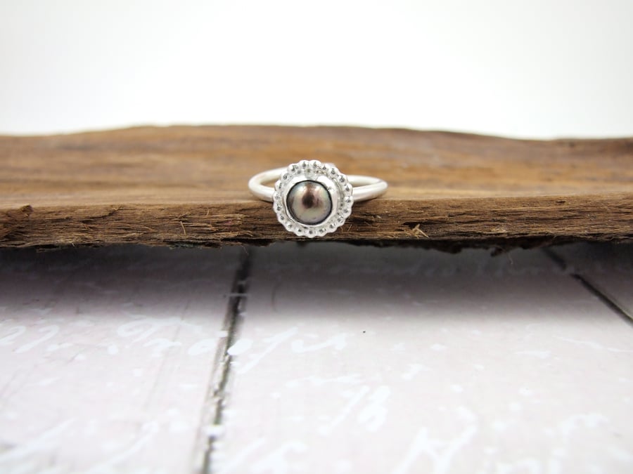 Sterling Silver and Mocha Pearl Ring, Adjustable Fit, Freesize