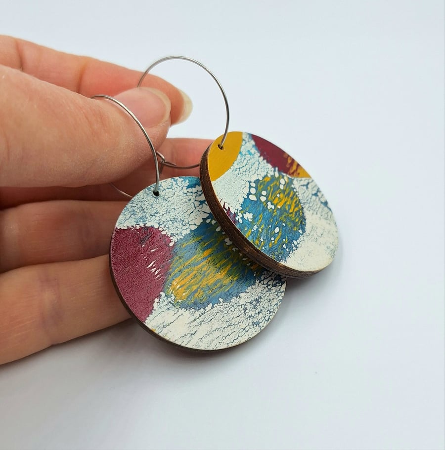 Hand printed patterned earrings, reversible, in red, blue, mustard and white