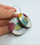 Hand printed patterned earrings, reversible, in red, blue, mustard and white