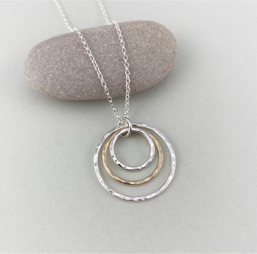 Hammered Sterling Silver and 9ct Yellow Gold Triple Circle Necklace