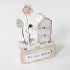 Wooden Beehive With Clay Flower and Bee 'Happy Home'