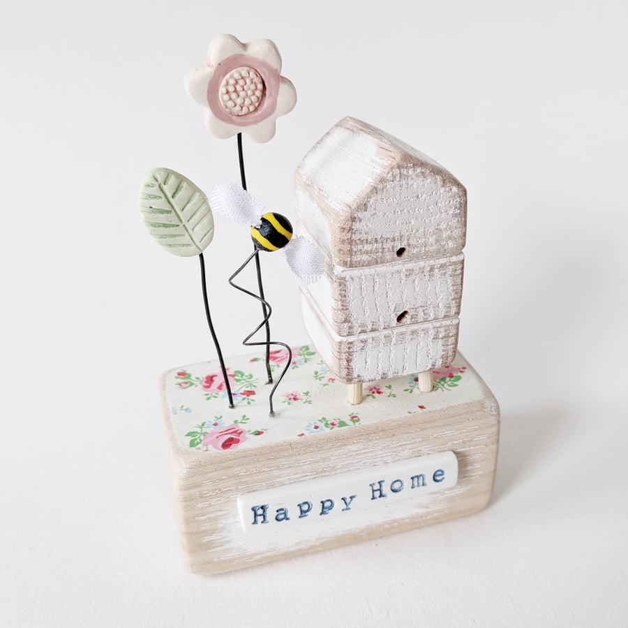 Wooden Beehive With Clay Flower and Bee 'Happy Home'