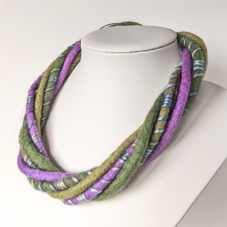 The Wrapped Twist: felted cord necklace in shades of green and purple