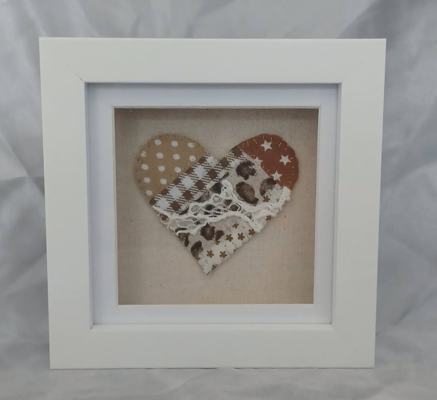 Brown Textile Hand Sewn Heart in a White Box Frame