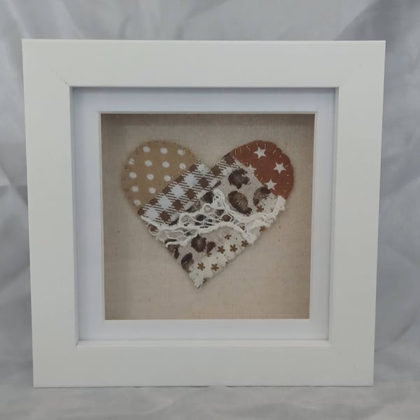 Brown Textile Hand Sewn Heart in a White Box Frame