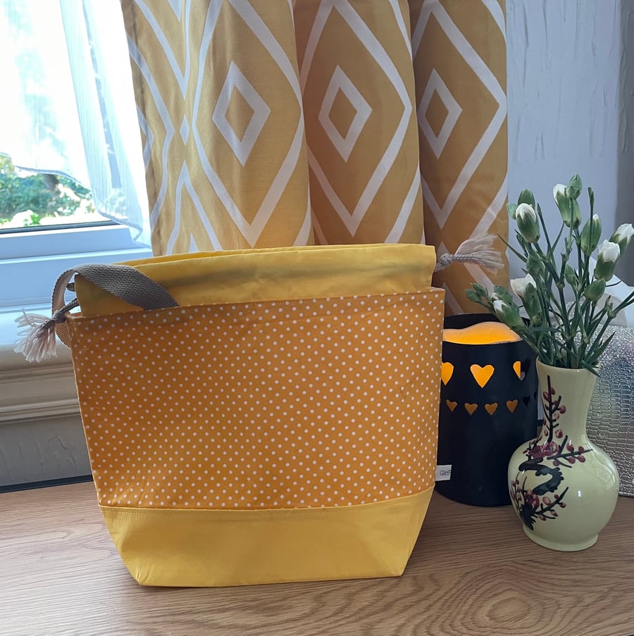 Drawstring project bag for knitting, crochet, embroidery - Medium - dotty yellow