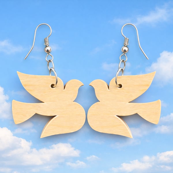 Scroll Saw Wooden Dove Earrings, Lightweight Bird Dangle Earrings, Handmade 