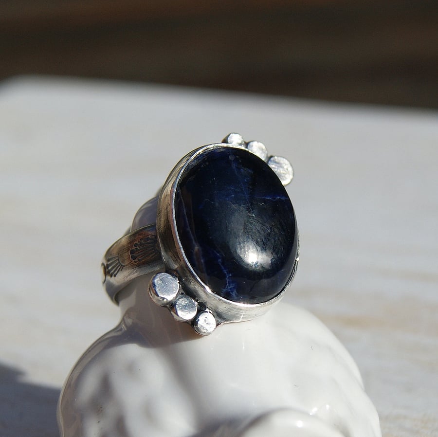 Sodalite Rustic Ring, Blue Stone Ring, Mixed Metal Ring