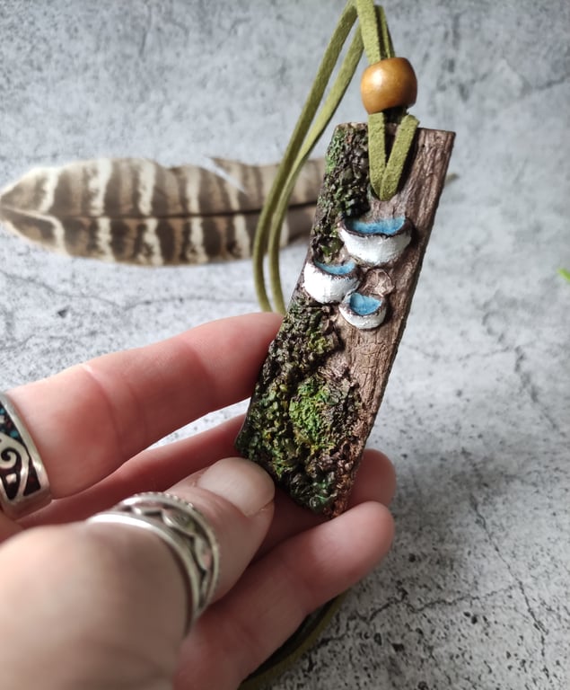 Forest Mushrooms Pendant, Clay Vegan Necklace, Green Witch Jewellery
