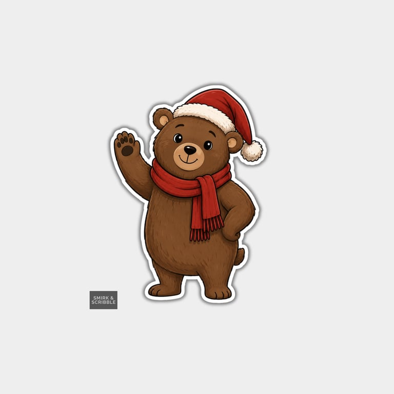 Funny Christmas Sticker Vinyl Xmas Decal For Adults - Cute Waving Bear 