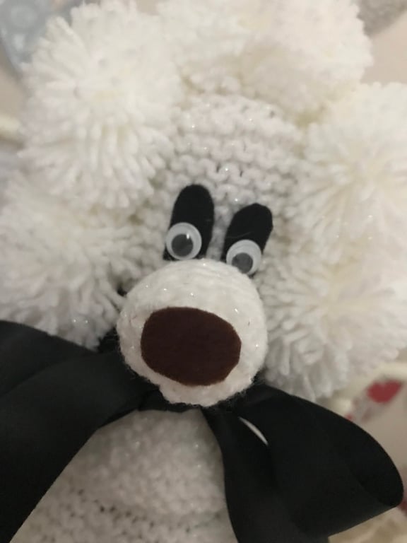 Sally - a sparkly white Gin Poodle with a chic black satin ribbon bow