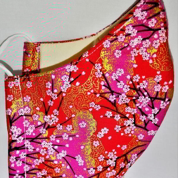Face mask reusable triple layer 100% cotton Japanese cherry blossom print
