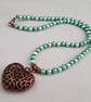 Shimmery blue and green bead necklace with copper heart pendant - 1001085 - Image 1