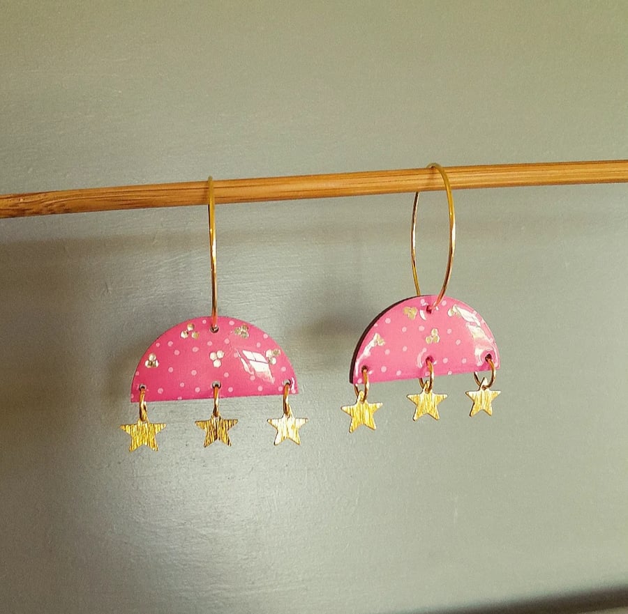 Pink Star Trio Resin Hoop Earrings Glitter Gold