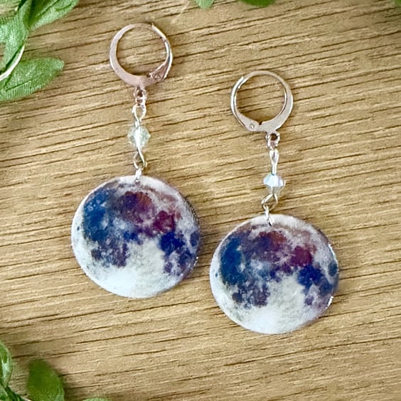 NASA Moon Image Earrings - Glitter Space Astronomy Dangle Huggie Hoops