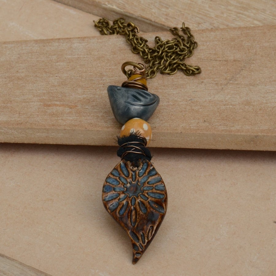 Dark Blue Navy Ceramic Pendant Necklace with Mustard Polka Dot & Blue Bird