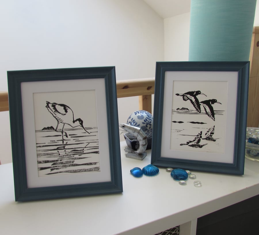 'Reflections' Two Handmade Linocut Prints 'Avocet and Oyster Catchers'  gift