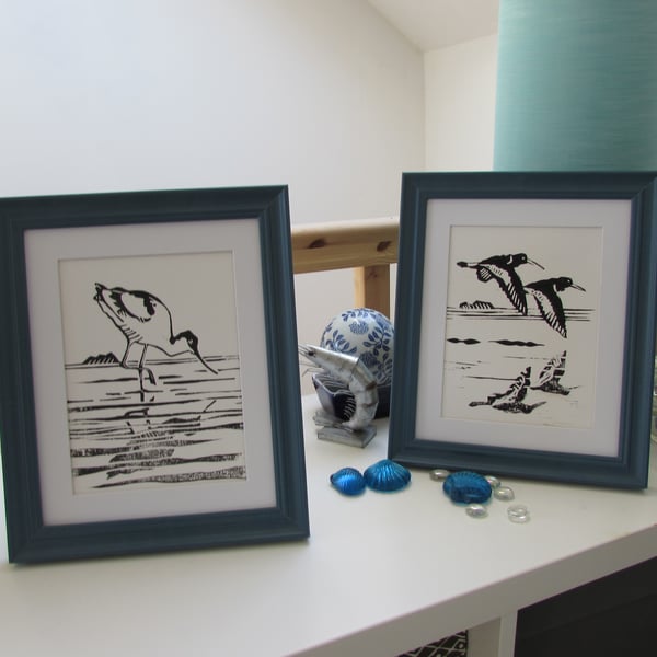 'Reflections' Two Handmade Linocut Prints 'Avocet and Oyster Catchers'  gift