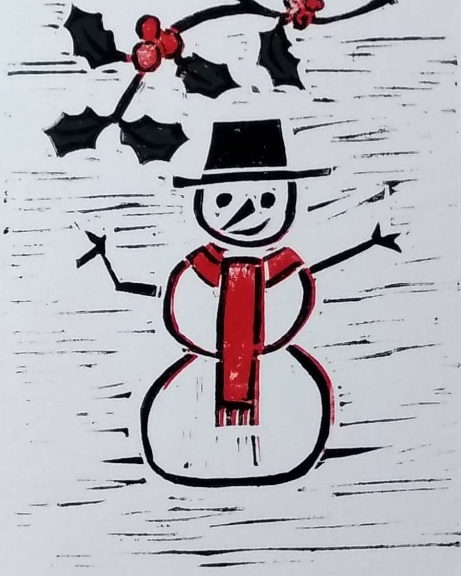 Snowman lino print Christmas cards 
