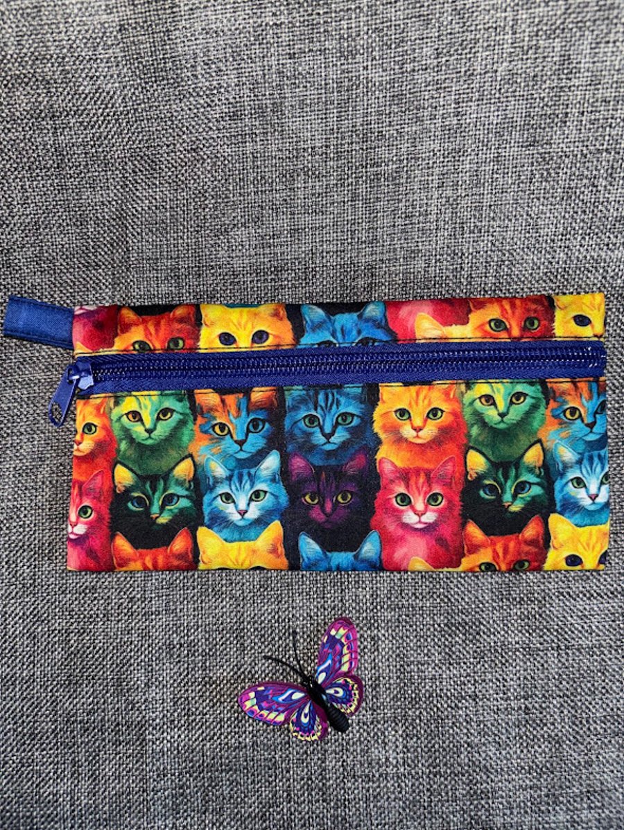 Pencil Case with zipper.  Multi bright colours, Multi Cats