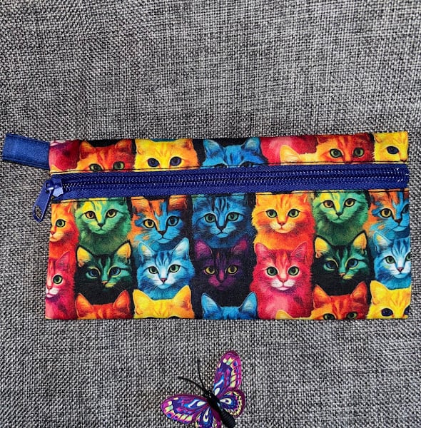 Pencil Case with zipper.  Multi bright colours, Multi Cats