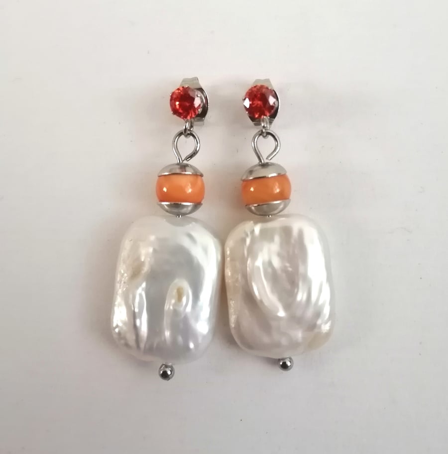 Cultured white pearls, orange  shell pearl & cubic zirconia dangle earrings 