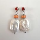 Cultured white pearls, orange  shell pearl & cubic zirconia dangle earrings 