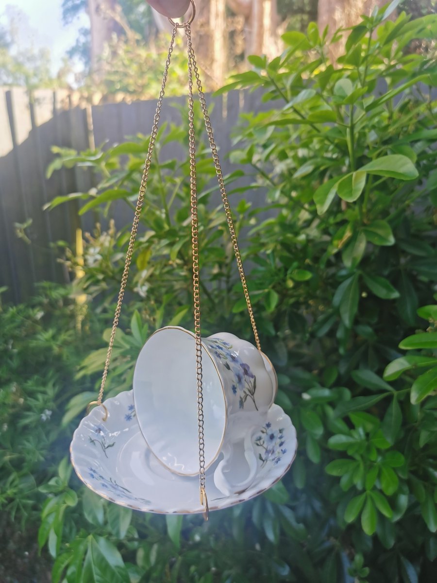 Upcycled Bone China Hanging Bird Feeder - Vintage Floral Teacup Bird Feeder 
