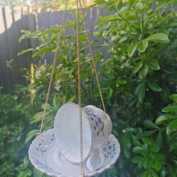 Upcycled Bone China Hanging Bird Feeder - Vintage Floral Teacup Bird Feeder 