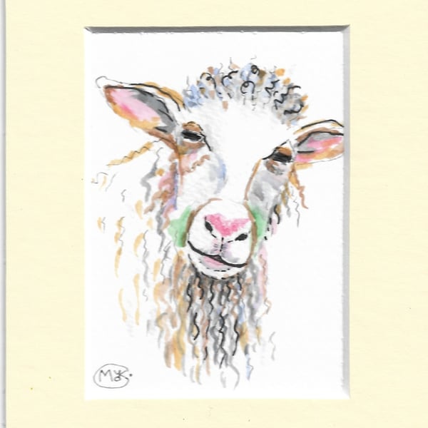 Sheep in a mount Miniature Original ACEO painting. FREE UK SHIPPING