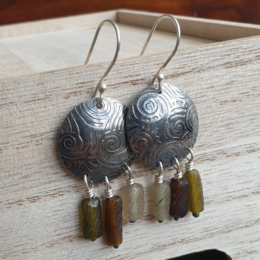 Ancient Roman glass earrings, Silver disc earrings, Spiral pattern