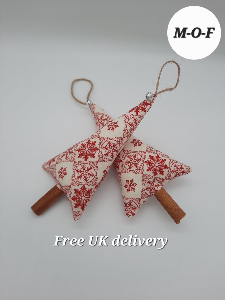 Cinnamon Christmas tree pair, cream and red snowflake pattern, sale 