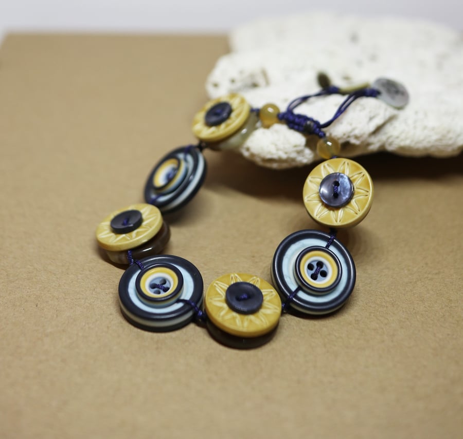 SALE - Navy and Mustard colour theme - Vintage Button Adjustable Bracelet
