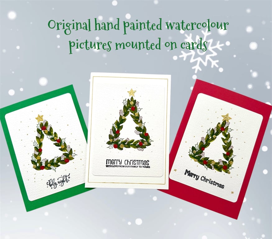 Hand painted Christmas cards, watercolour tree,baubles, holly, wreath, pine cone