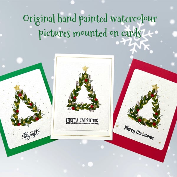 Hand painted Christmas cards, watercolour tree,baubles, holly, wreath, pine cone