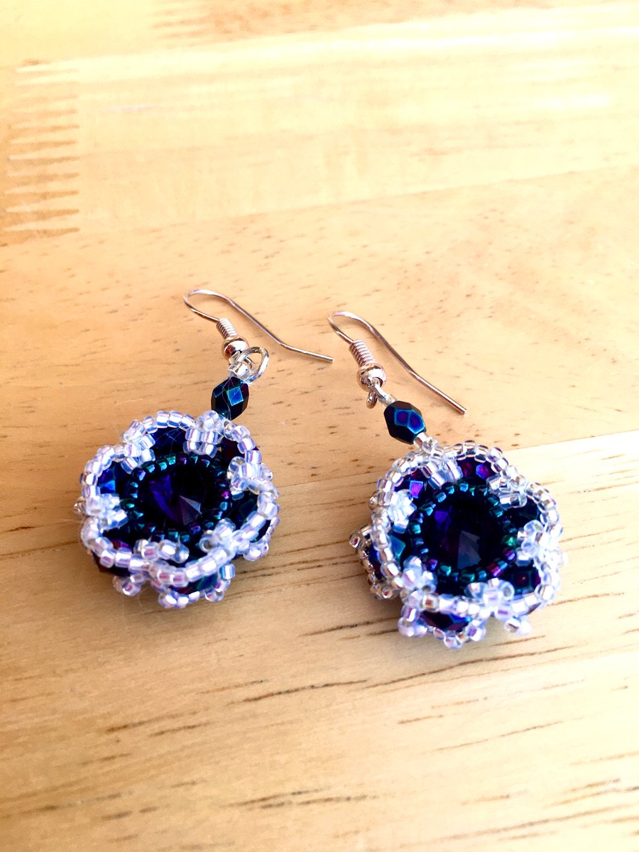 Detailed Flower, Silver, Purple And Green Seed Bead Earrings 