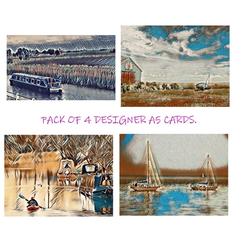  Pack of 4 Boat Themed A5 Blank Inside Greeting Cards.