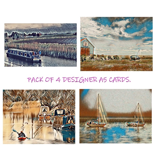  Pack of 4 Boat Themed A5 Blank Inside Greeting Cards.