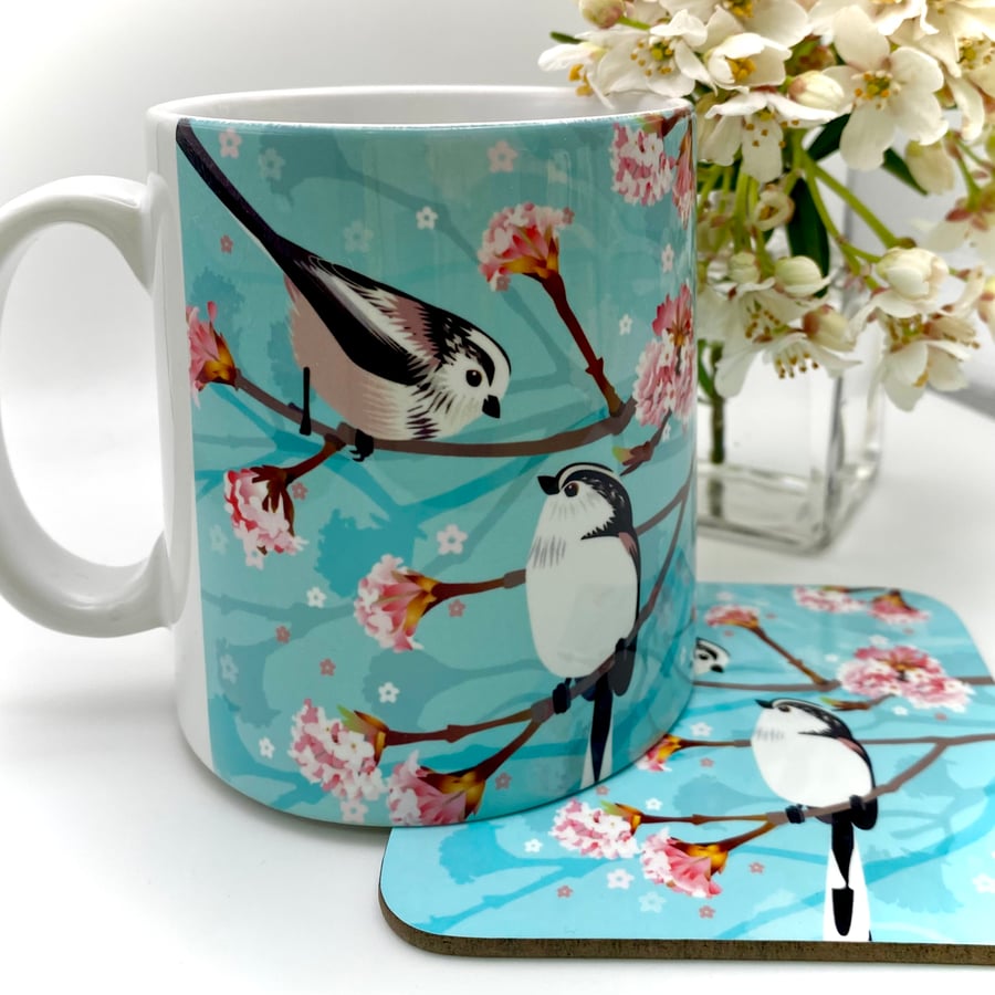 Long Tailed Tits on Winter Viburnum Ceramic Mug - matching Coaster option