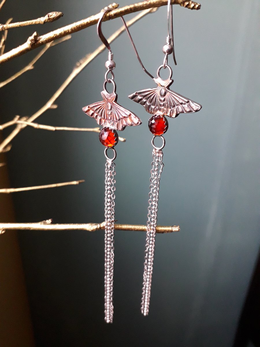 Fairy Moth Hessonite Garnet long dangling earrings, silver, handmade 