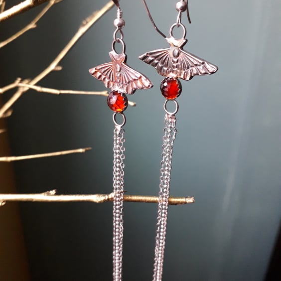 Fairy Moth Hessonite Garnet long dangling earrings, silver, handmade 