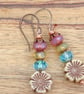 Czech Glass Earrings, Floral Earrings, Rondelle Earrings.